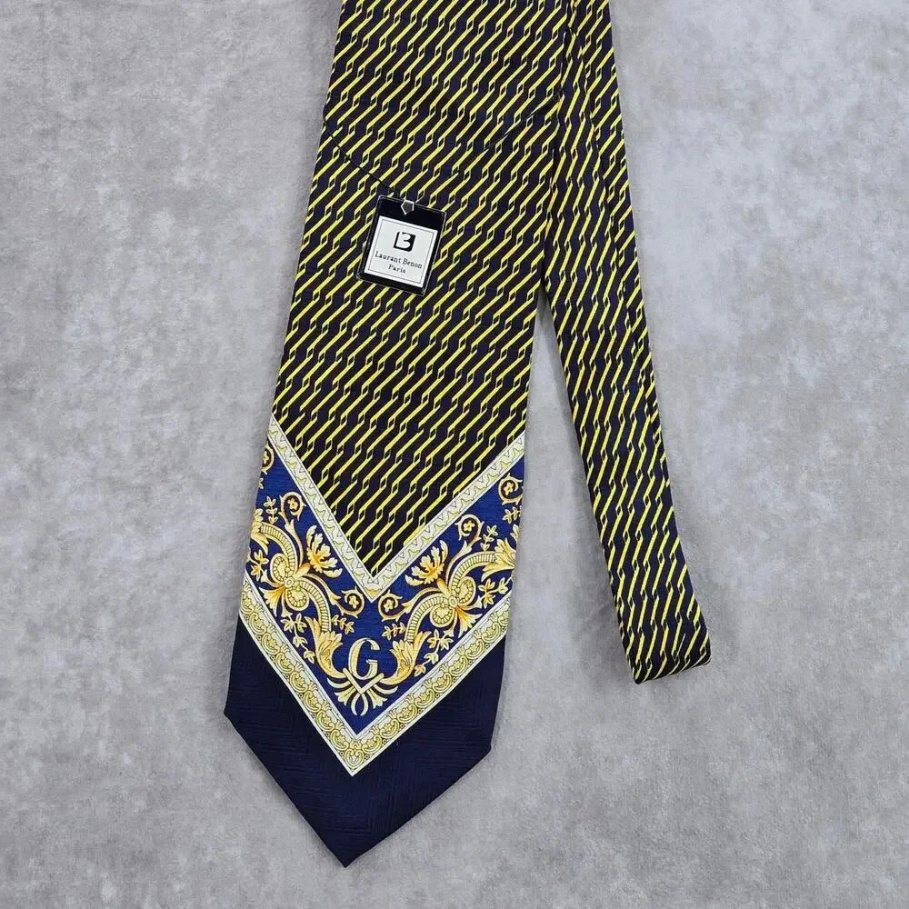 Laurant Benon Paris Gold Blue Royal Silk‎ Floral Executive Neck Tie Men's